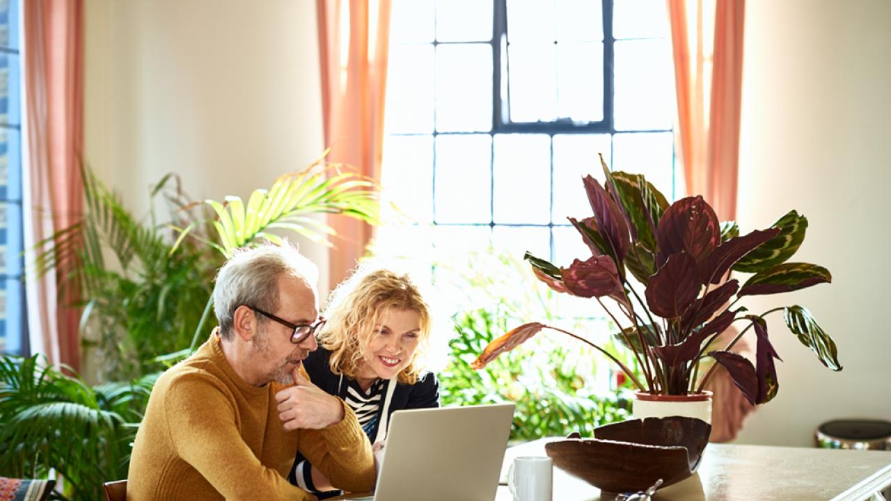 happy senior couple on computer at home