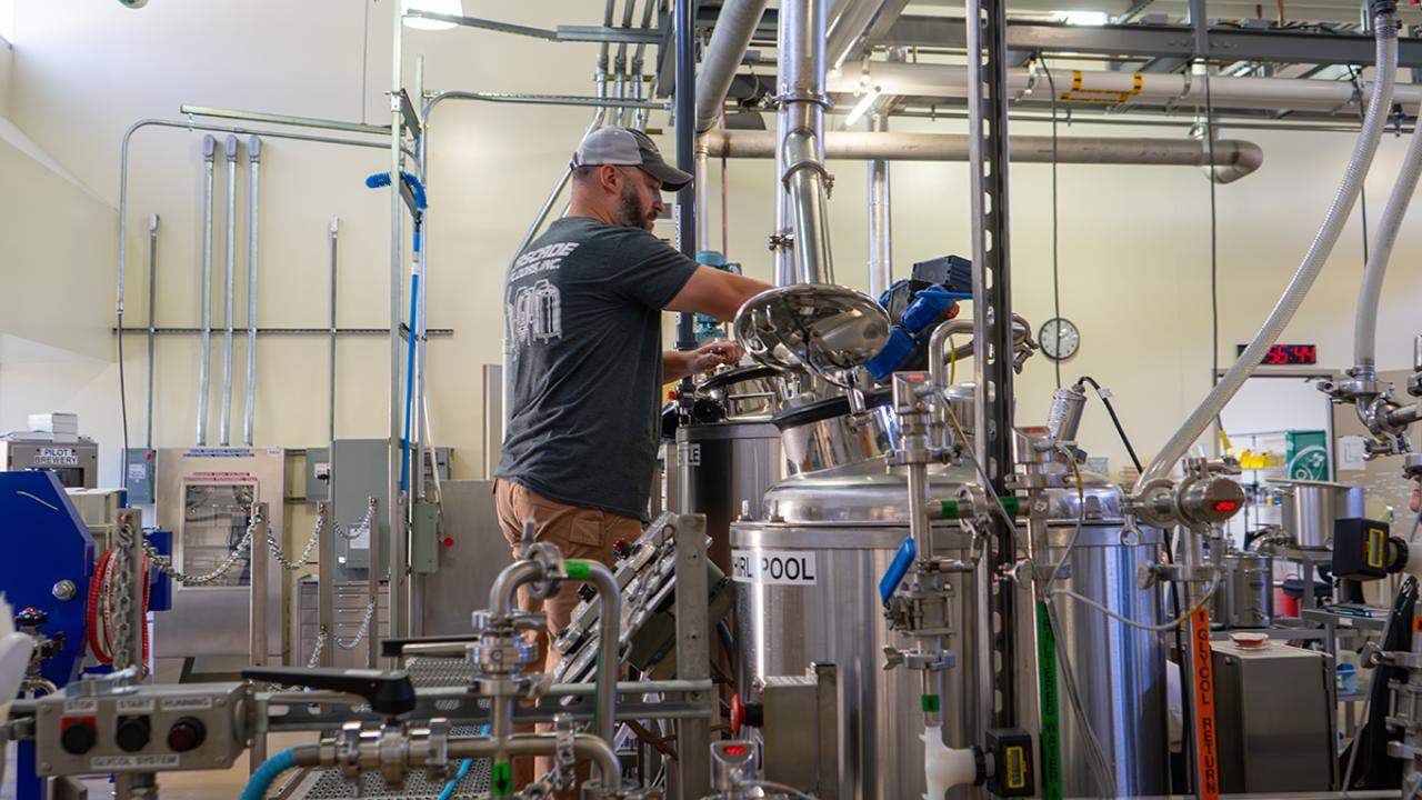 UC Davis online Master Brewers student Greg Dedicke in the UC Davis Pilot Brewery