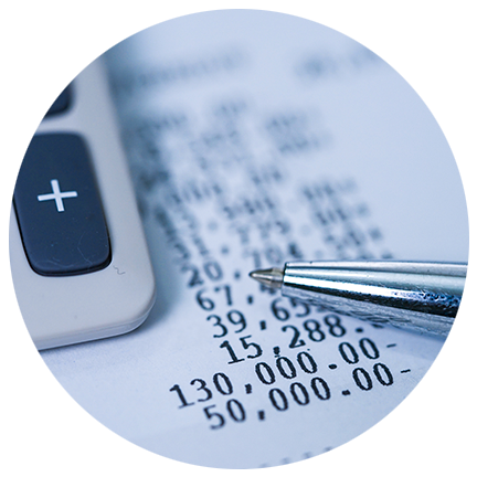 calculator and pen on list of accounts