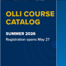 OLLI Course Catalog cover graphic, navy and blue, "Summer 2026" — registration opens May 27